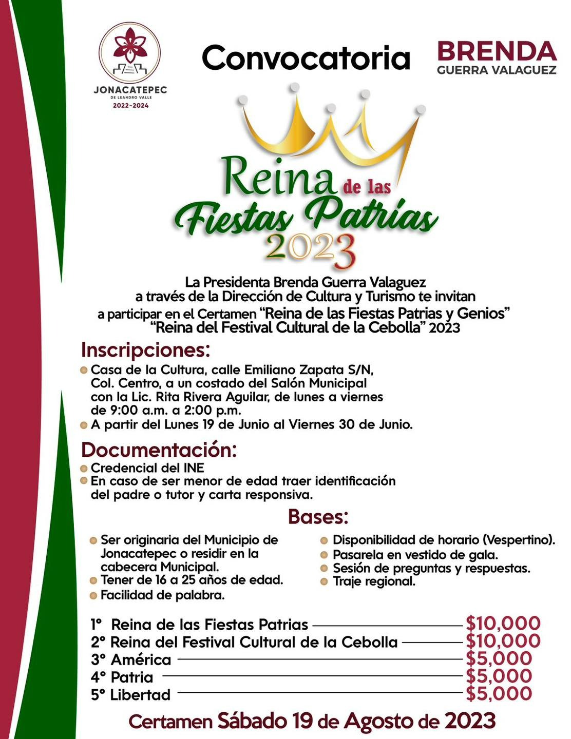 Convocatorias “Reina Fiestas Patrias” “Genios” y “Reina del Festival Cultural de la Cebolla” 2023